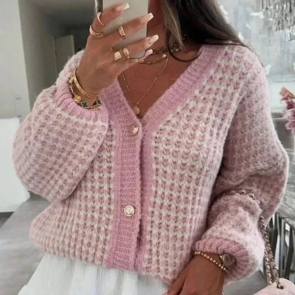 Fall Stylish Women's Plaid Printed V-Neck Button Long sleeved Cardigan
